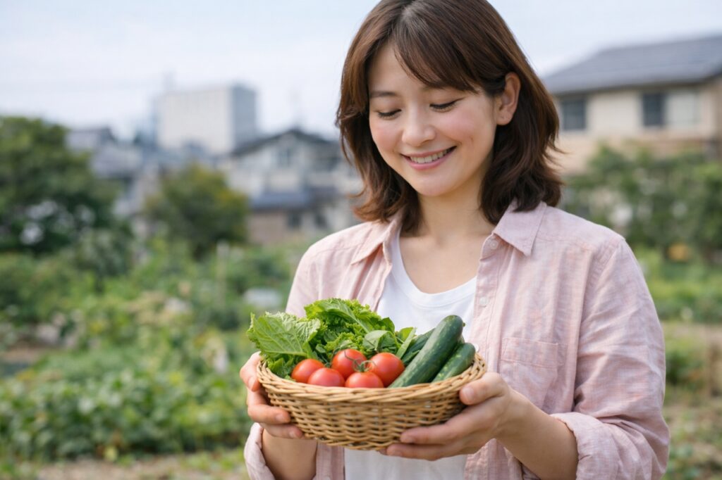 家庭菜園で収穫した野菜を手に笑顔になる女性