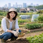 都会暮らしの女性が貸し農園で家庭菜園を楽しむ様子