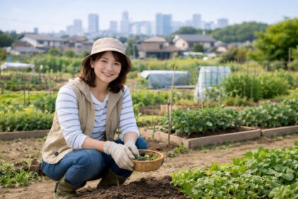 都会暮らしの女性が貸し農園で家庭菜園を楽しむ様子